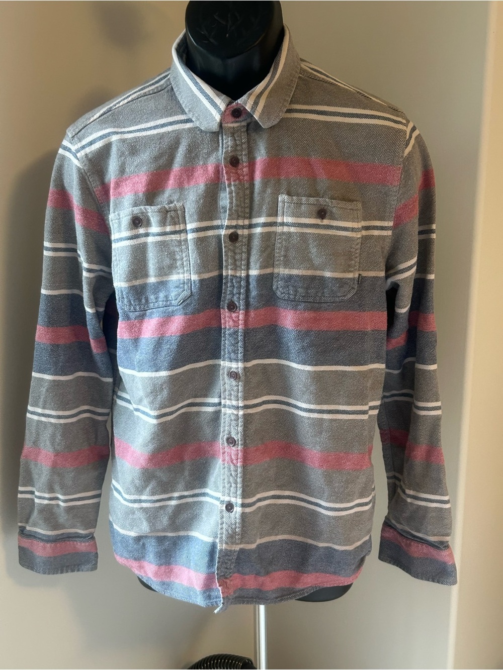 Men's Grey and Pink Striped Button-Up Shirt